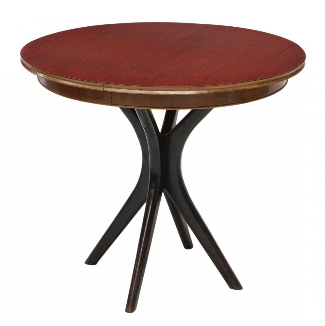 ITALIAN MID-CENTURY MODERN ROUND TABLE: Italian mid-century modern extension table, the circular top rising on a contrasting four legged base, leaf not present, 30.75â€h, 35â€diam, extended: 45" Start Price: $100.00