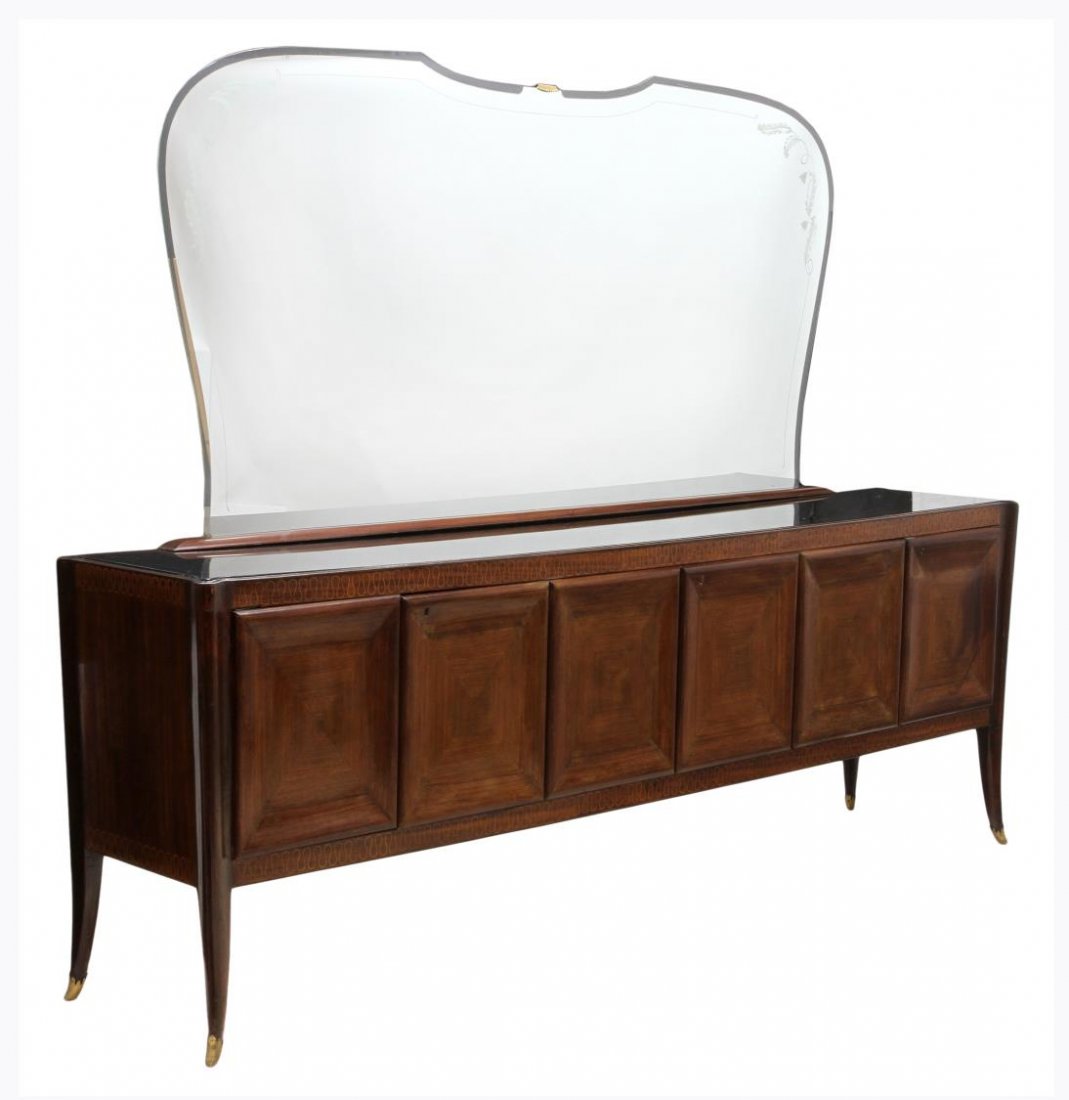 ITALIAN MID-CENTURY MODERN SIDEBOARD, PAOLO BUFFA: Italian mid-century modern sideboard, design by Paolo Buffa (Italian, 1903-1970), a shaped mirror with clear border and foliate etching over the inset black glass top with protruding corners, six conc