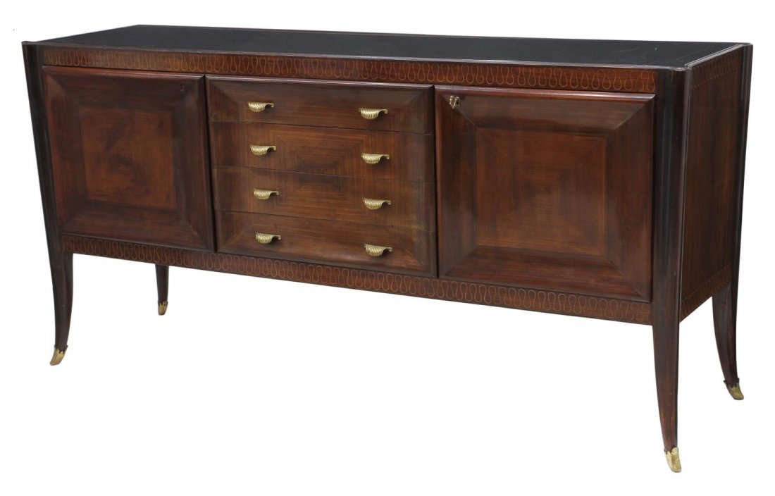 ITALIAN MID-CENTURY MODERN SIDEBOARD, PAOLO BUFFA: Italian mid-century modern sideboard server, design by Paolo Buffa (Italian, 1903-1970), an inset black top over the four central drawer flanked by concave paneled end doors, rising on outward turned
