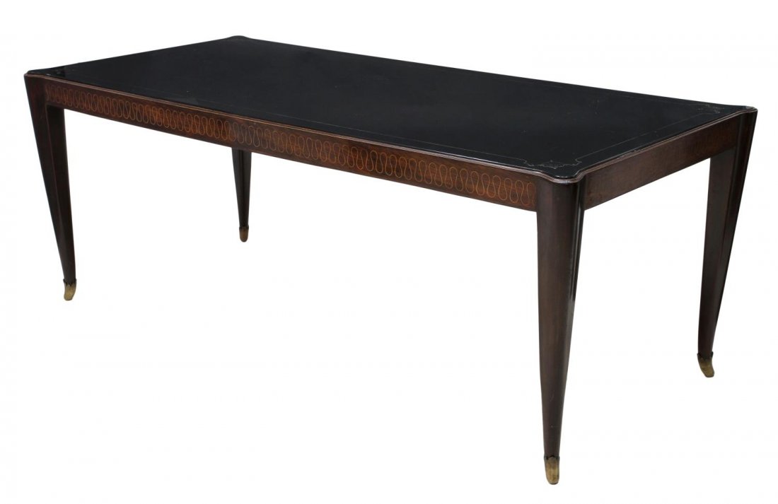 ITALIAN MID-CENTURY MODERN DINING TABLE: Italian mid-century modern dining table, design by Paolo Buffa (Italian, 1903-1970), the shaped rectangular top with inset black glass, marquetry inlay on the skirt, rising on tapered legs with brass