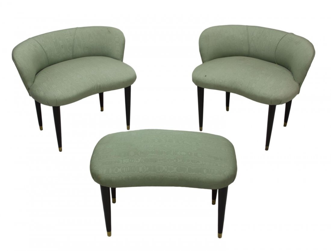 (3) ITALIAN BEDROOM CHAIRS & STOOL, PAOLO BUFFA: (lot of 3) Bedroom chairs with stool, design by Paolo Buffa (Italian, 1903-1970), each on tapered turned legs with brass caps: (2) diminutive low back arm chairs, 21.5"h, 27.5"w, 21"d; (1) stool, 15.5