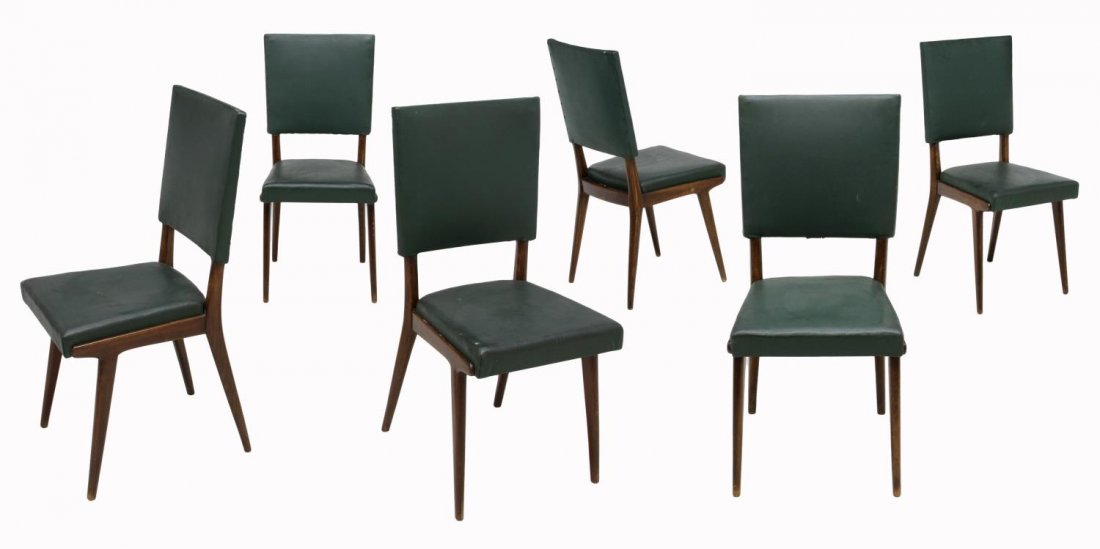 (6) ITALIAN MID-CENTURY SIDE CHAIRS, ATTRIB. DASSI: (set of 6) Italian mid-century modern dining chairs, c. 1950, design attributed to Vittorio Dassi (Milan, 1893-1973), wood frame with upholstered back and seat rising on tapered supports, 37"h, 16.75"