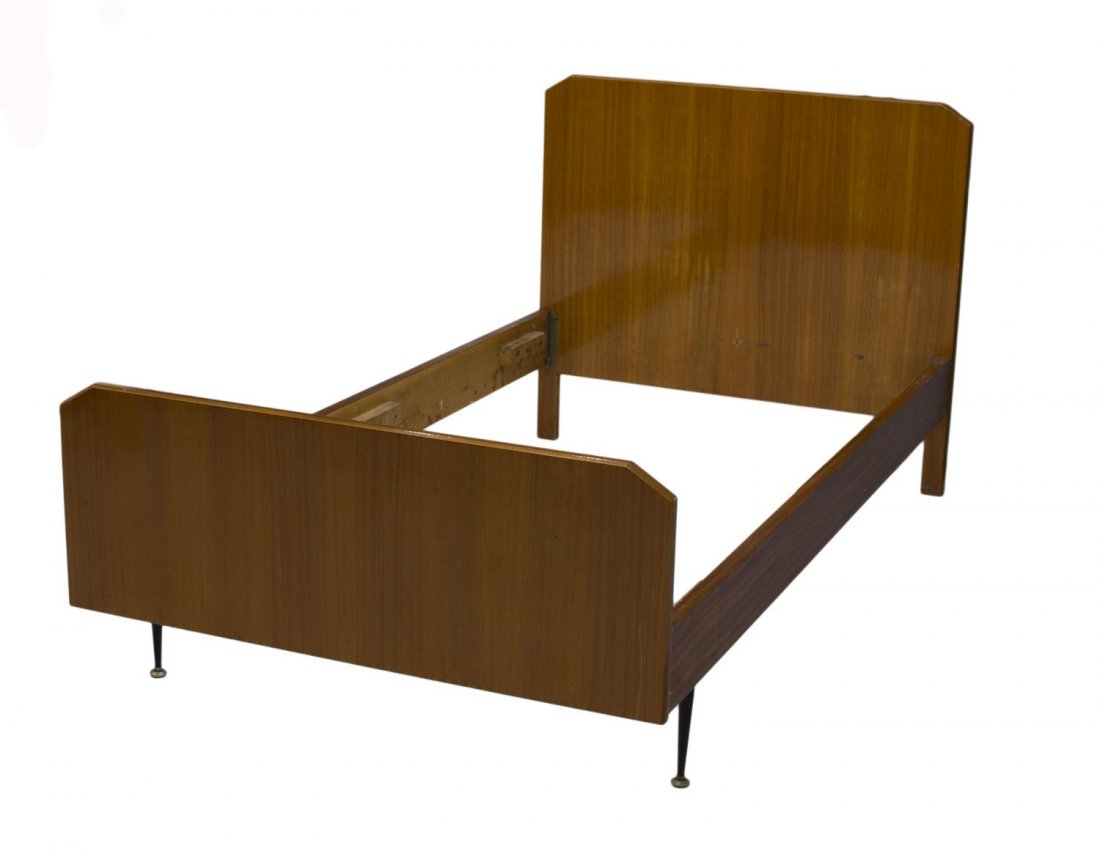 ITALIAN MID-CENTURY MODERN BED: Italian mid-century modern mahogany bed, c. 1960, headboard: 37.25"h, 42.25"w, inside: 39.75"w, 75"l Start Price: $100.00