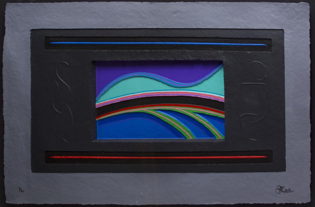 MODERN LIMITED EDITION MIXED MEDIA COLLAGE, N LOEB: Framed limited edition mixed media collage on board / paper, Polychrome Floating Abstract, signed lower right N. Loeb (Neil Loeb, American, b.1950), numbered 3/90, housed in a plexiglass frame, sight: