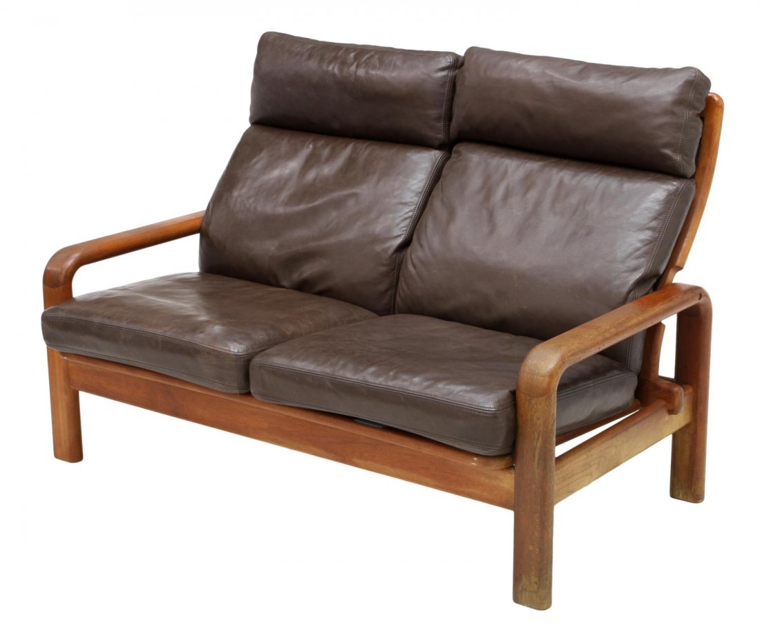 DANISH MODERN TEAKWOOD & BROWN LEATHER LOVESEAT: Danish mid-century modern loveseat, removable brown leather cushions, on the teakwood frame, some denting to cushions, approx 38"h, 53.5"w, 29.5"d Start Price: $400.00