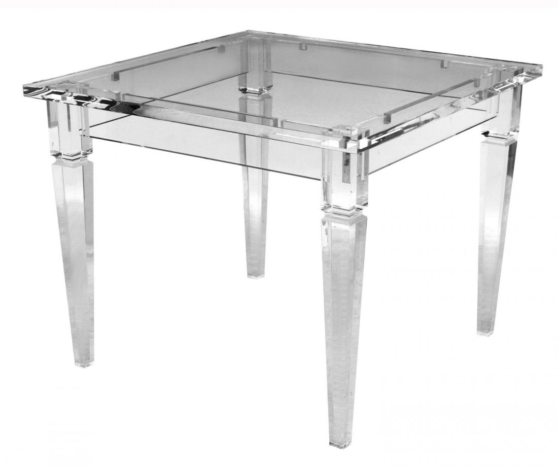 ITALIAN MODERN ALL PLEXIGLASS TABLE: Italian modern plexiglass table, the 1.25" thick square top rising on stretcher joined tapered legs, 30.5"h, 39.5"w, 39.5"d Start Price: $500.00