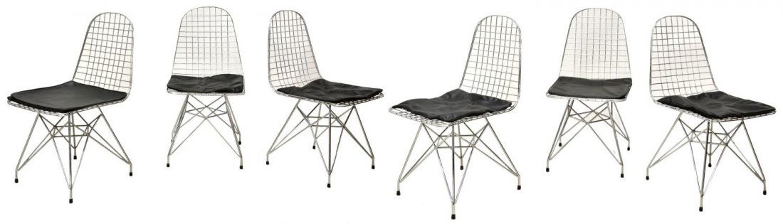 (6) MODERN WIRE SIDE CHAIRS AFTER BERTOIA: (lot of 6) Modern wire chairs after the design by Harry Bertoia (Italian/American, 1915-1978), each with removable vinyl seat pad, 32.75"h, 17"w, 18.5"d Start Price: $200.00