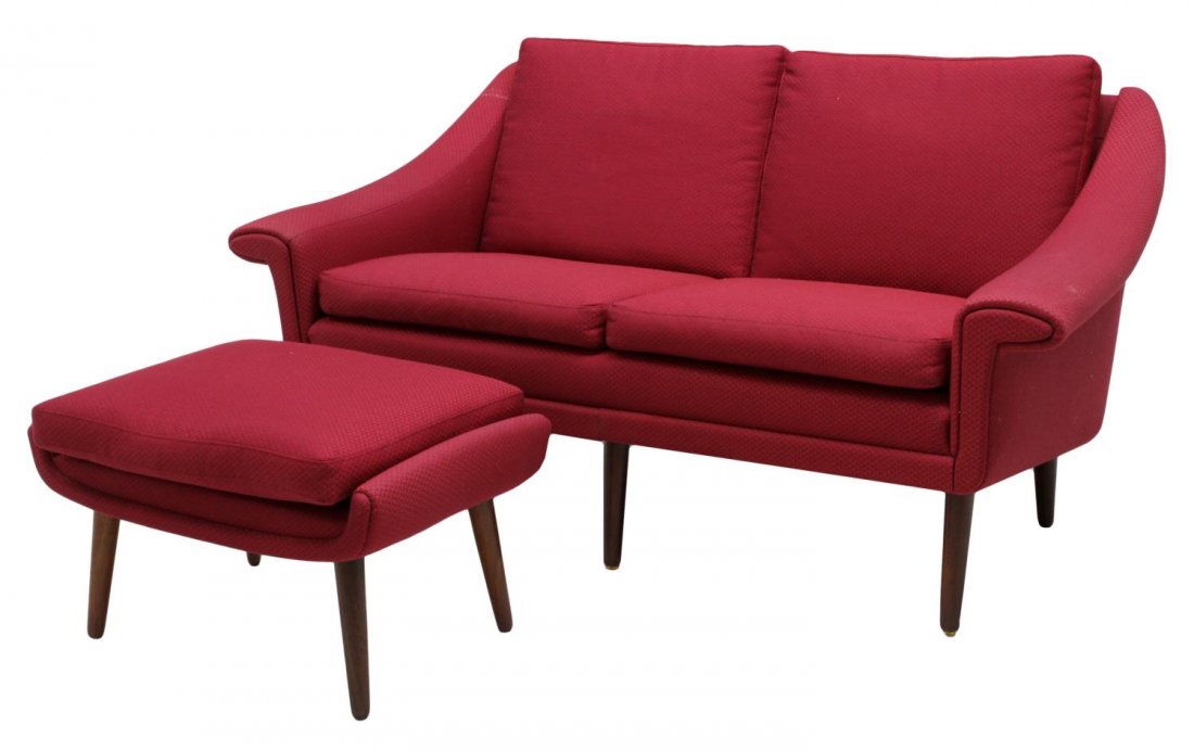 (2) DANISH MID-CENTURY MODERN SOFA & FOOTSTOOL: (lot of 2) Danish mid-century modern sofa with matching footstool, red upholstery with angular rosewood legs: (1) two cushion sofa, 31"h, 56"w, 31"d; (1) footstool with removable cushion, 16"h, 26.5"w