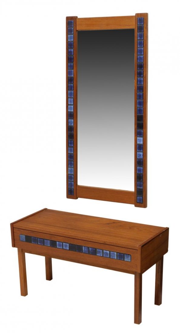 (2) DANISH MID-CENTURY TEAKWOOD CONSOLE & MIRROR: (lot of 2) Danish mid-century modern teakwood console table with mirror, 1960's, the table with a single drawer accented at the front with inset blue tiles, the mirror with similar blue tile accents, 