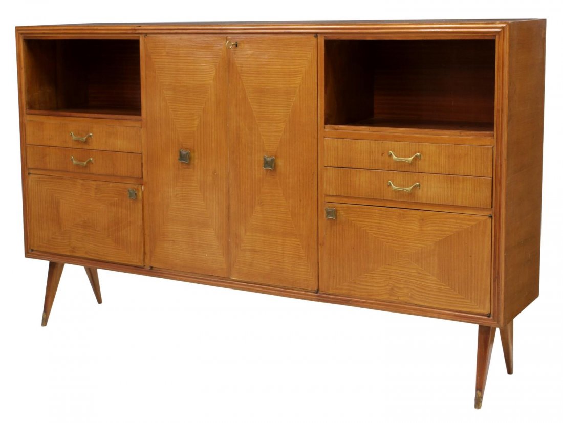 ITALIAN MID-CENTURY MODERN TEAKWOOD SIDEBOARD: Italian mid-century modern teakwood sideboard, rectangular with two central doors flanked by sliding glass doors, drawers and open shelves, rising on angular tapered supports, 50.5"h, 82"w, 16"d Start