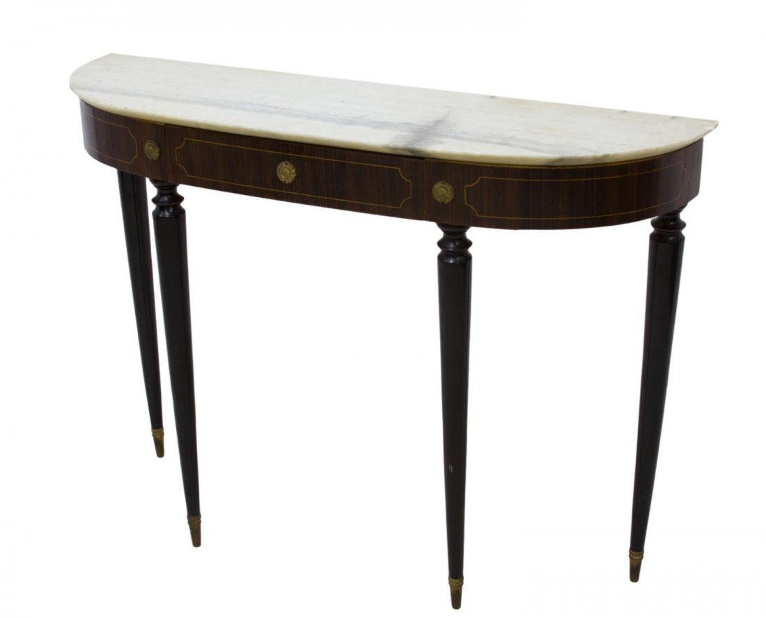 ITALIAN MID-CENTURY MODERN CONSOLE, PAOLO BUFFA: Italian mid-century modern marble top console table, design by Paolo Buffa (Italian, 1903-1970), the marble top over a brass accented rosewood skirt, rising on tapered turned legs with brass caps, chi