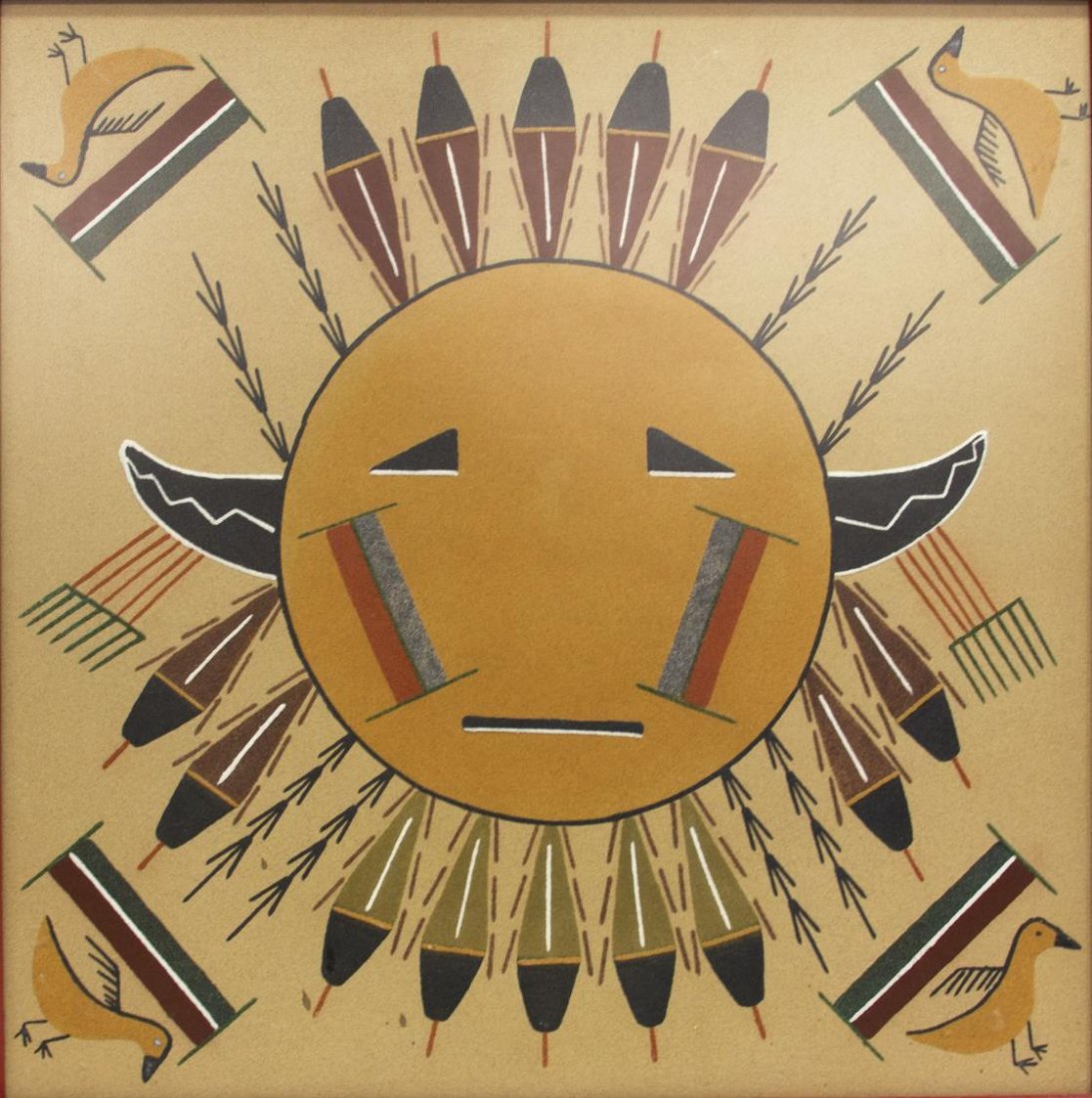 NAVAJO SAND PAINTING, "CHIRACAHUA SUN BURST", CHEE: Framed Navajo sand painting on board, "Chiracahua Sun Burst", by Jackson Chee (American, 20th c.), signed, titled and dated 1970 verso, retaining information tag, sight: 23.5"h, 23.5"w, overall: 27"h,