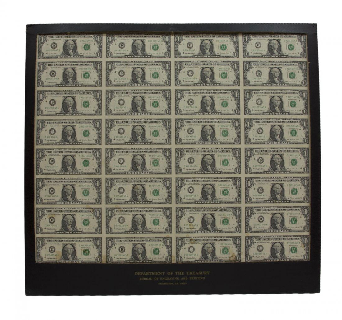 (32) UNCUT SHEET 1995 U.S. $1 BILLS: Uncut sheet of United States currency, thirty two one dollar bills, Series 1995, cardboard frame of The Department of the Treasury, one bill with stain, one with fold, 24.75"h, 26.5"w, 1lb Start Price