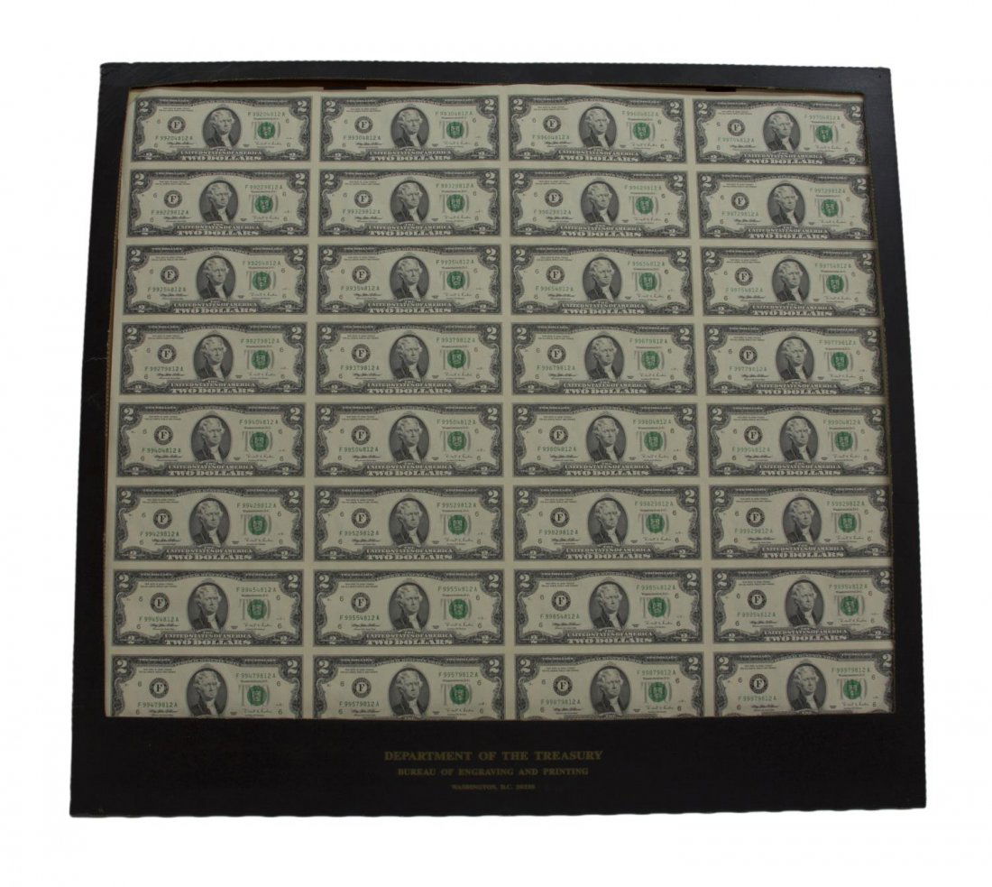 (32) UNCUT SHEET 1995 U.S. $2 BILLS: Uncut sheet of United States currency, thirty two two dollar bills, Series 1995, cardboard frame of Department of the Treasury, overall: 24.75"h, 26.50"w, 1lb Start Price: $60.00