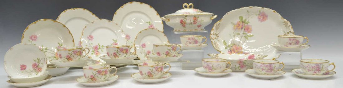 (47) HAVILAND LIMOGES PORCELAIN PARTIAL DINNER SET: (lot of 47) Haviland Limoges porcelain dinner service, pink floral pattern with gilt rim, comprising: (5) dinner plates, 10.25"diam; (4) lunch plates, 9.5"diam; (5) dessert plates, 7.5"diam; (3) bread