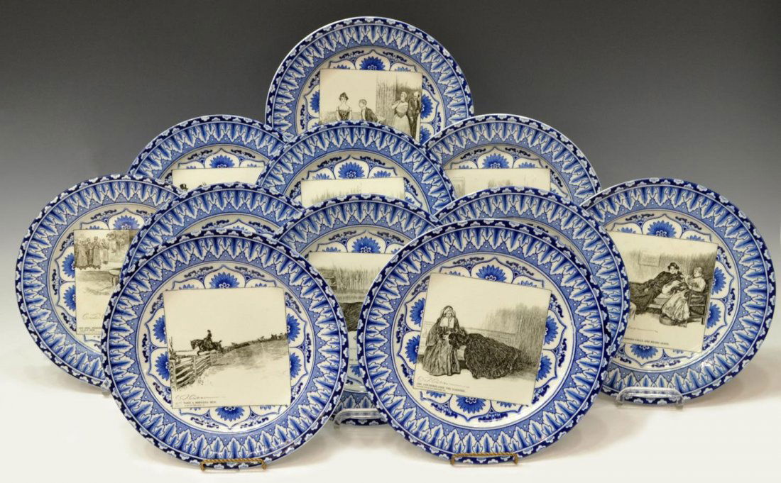 (11) ROYAL DOULTON 'GIBSON GIRL' CABINET PLATES: (set of 11) Royal Doulton porcelain "Gibson Girl" cabinet plates, England, c. 1901, themes by American illustrator Charles Dana Gibson, comprising: (1) Mrs. Diggs is Alarmed; (1) She Contemplates The