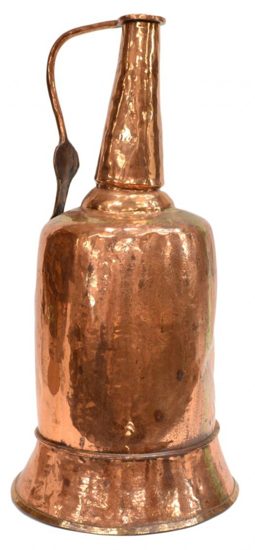 LARGE ANTIQUE COPPER PITCHER: Large antique copper pitcher, long neck, flared base, dents and surface wear, 25.5"h, 12.75"w, 8.75lbs *Provenance: From the estate of Don Yarton (Ohio, Texas, 1941-2013), internationally recognized a