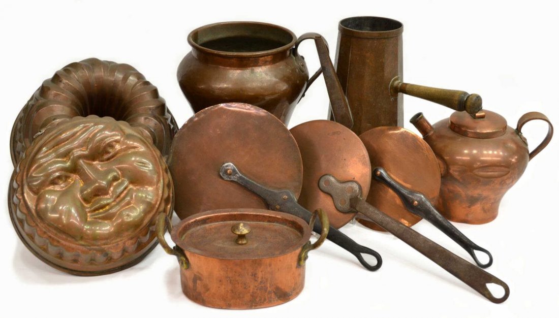 (9) COLLECTION OF ANTIQUE AND VINTAGE COPPER: (lot of 9) Group of antique and vintage copper, including (1) teapot, (2) molds, one marked Wagner West Germany, (1) small lidded service dish of oval form with handles, (1) handled jug, (1) coffee po