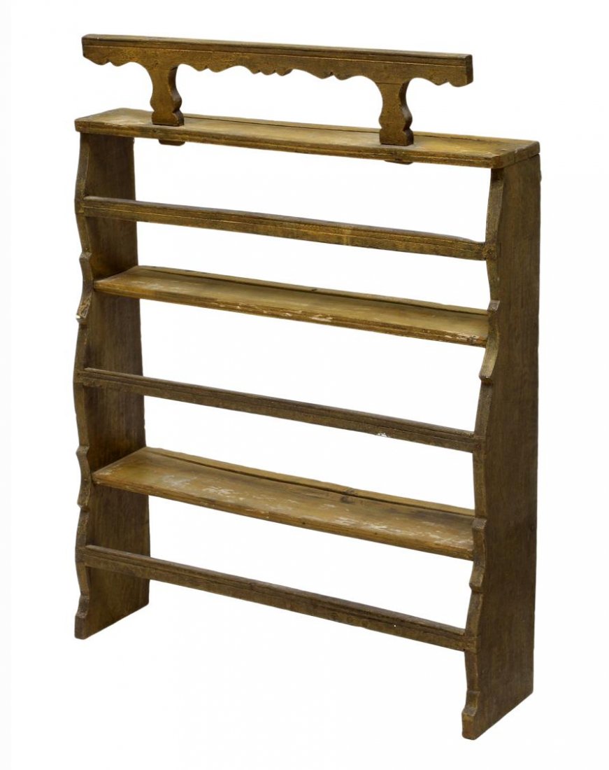 RUSTIC PAINTED PLATE RACK: Rustic Continental wall hanging plate rack, 19th c., the shaped tapered end boards framing three shelves, all in worn paint, 35"h, 31.5"w, 8.25"d *Provenance: From the estate of Don Yarton (Ohio, Texa