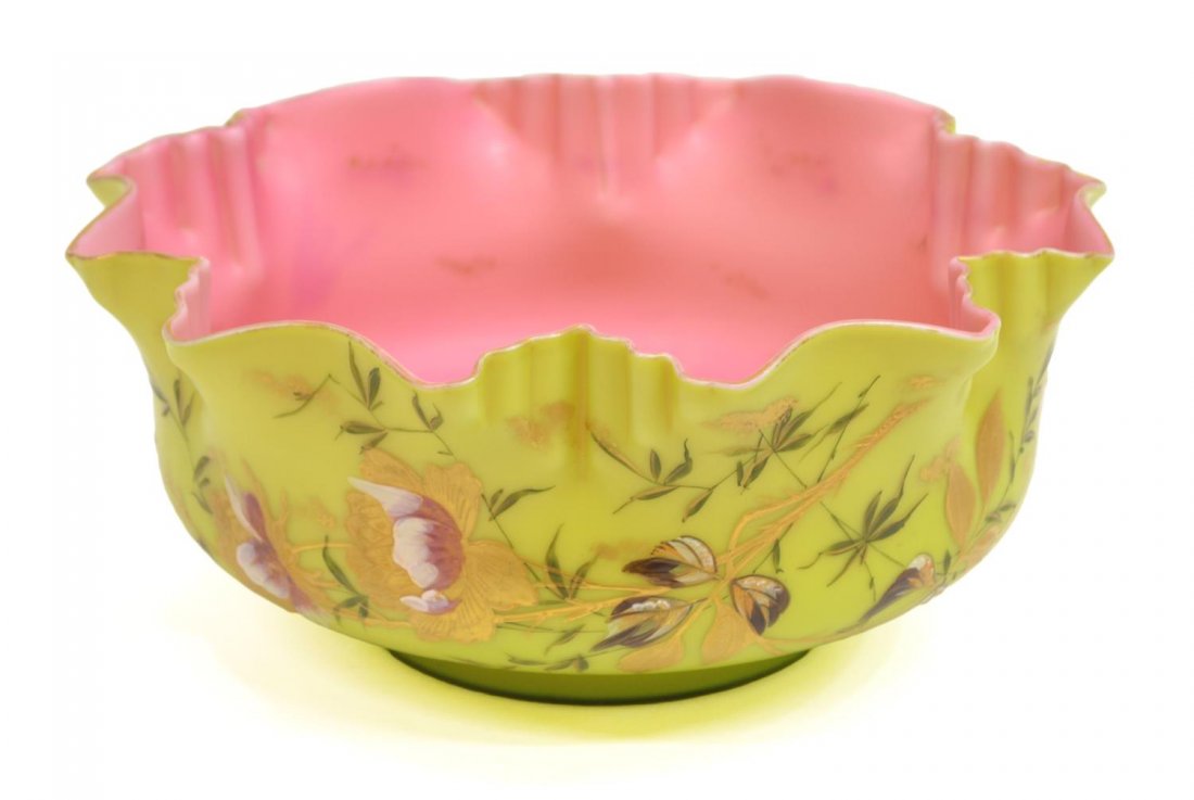 VICTORIAN RUFFLED & GILDED ART GLASS BRIDES BOWL: Very fine Victorian cased satin glass bridal bowl, likely Webb, the ruffled rim with remnants of gilding, numbered 1240/1 P555, chartreuse exterior brightly gilded and enameled with flowering branches