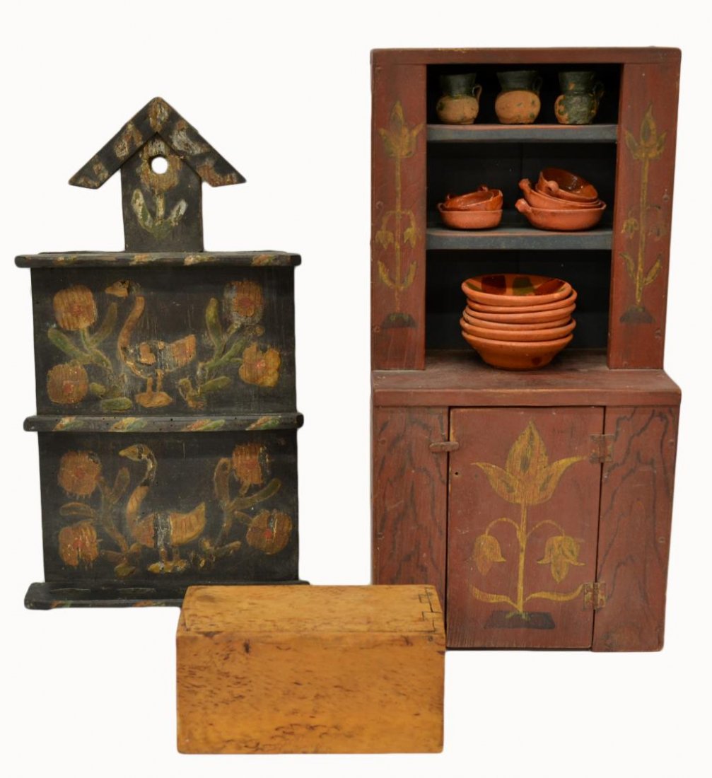 (19) PRIMITIVE SHELVES, BOX & TERRACOTTA BOWLS: (lot of 19) Group of primitive items, comprising: (1) small wall mount shelf, duck and floral decoration, some loss, 15"h, 8.75"w, 2"d; (1) wall mount shelf / cabinet, possibly a salesman sample, thre