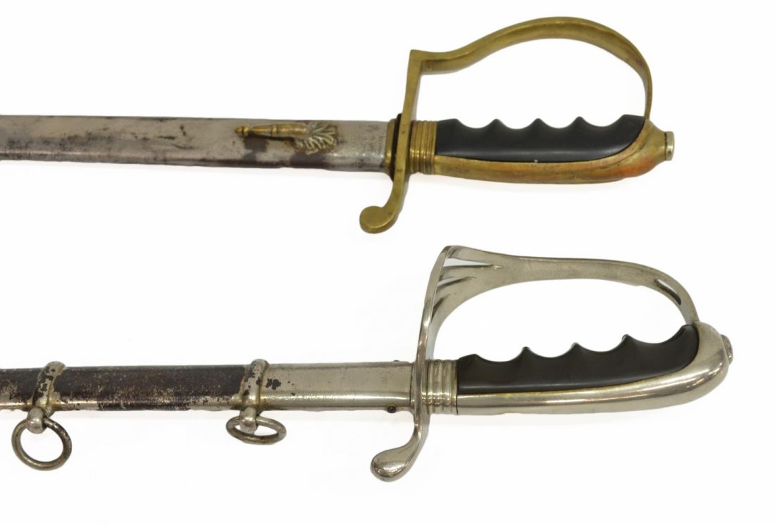 (2) SWORDS & SCABBARDS, U.S. MODEL 1902, BRITISH: (2) Swords: (1) U.S. Model 1902 sword, marked at left ricasso "M.S. Meyer Inc., Spartan Trade Mark", foliate engraved blade with U.S. at left side, E. Pluribus eagle and flags at right, with non-engra