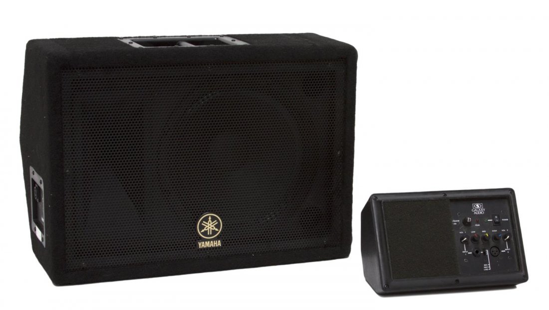 (2) YAMAHA & GALAXY STUDIO FLOOR MONITOR SPEAKERS: (lot of 2) Studio or floor monitor speakers: (1) Yamaha A12M, passive 12 " speaker and horn, designed for vertical or horizontal placement, 16"h, 23"w, 13"d; (1) Galaxy Audio Hot Spot AAIII, powered, 
