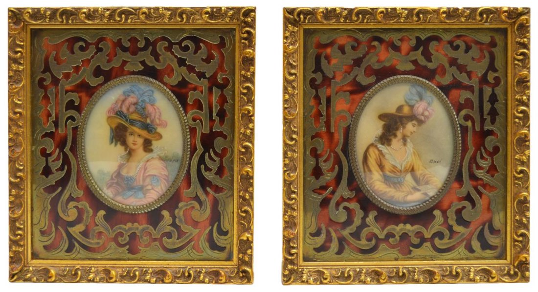 (2)FRAMED CONTINENTAL MINIATURE PORTRAIT PAINTINGS: (pair) Framed Continental portrait miniatures, each handpainted depicting beauties in elegant dress, signed on lower right with the names Sara and Ruci, housed in gilt frames with Boulle-like decorati