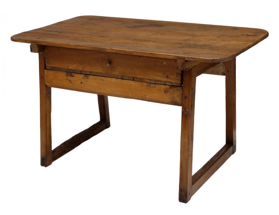CONTINENTAL PINE WORK TABLE, EARLY 19TH C.: Continental pine work table, early 19th c., having a rectangular top over a frieze drawer, rising on square legs with stretchers, peg and mortise joinery, 29"h, 48.5"w, 29"d *Provenance: From the esta