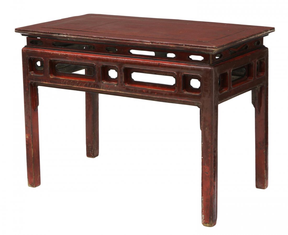 FRENCH COLONIAL PAINTED WORK TABLE: French Colonial polychrome work table, early 20th c., having a rectangular top over the open paneled skirt, rising on squared legs, wood shrinkage at top, 30.75"h, 42"w, 23.5"d Start Price: $100.00