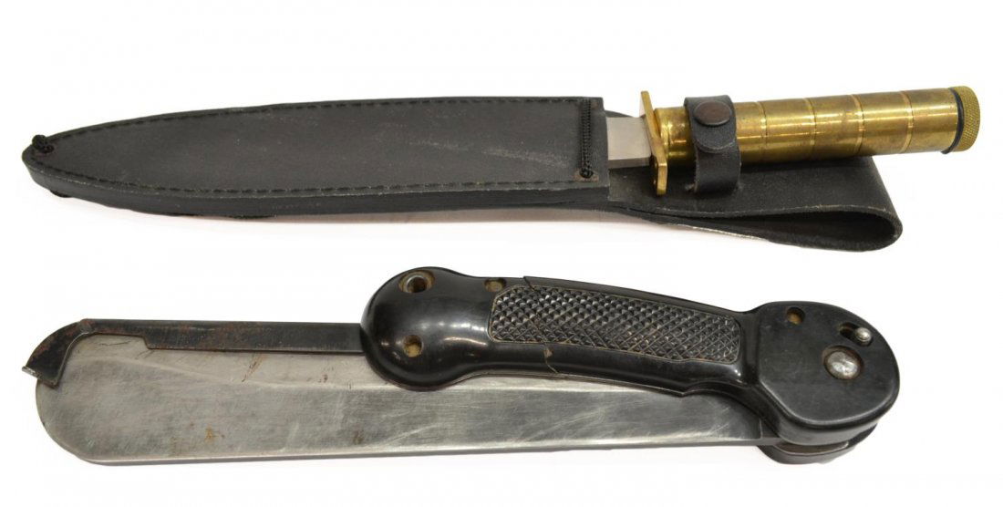 (2) MILITARY KNIVES: IMPERIAL FOLD MACHETE, COMBAT: (lot of 2 ) Military edged weapons: (1) USAF Type A-1 survival machete, Imperial Knife Company, c. 1948, black checkered plastic handle with folding 9,75"l blade, overall with blade open: 17"l, blade