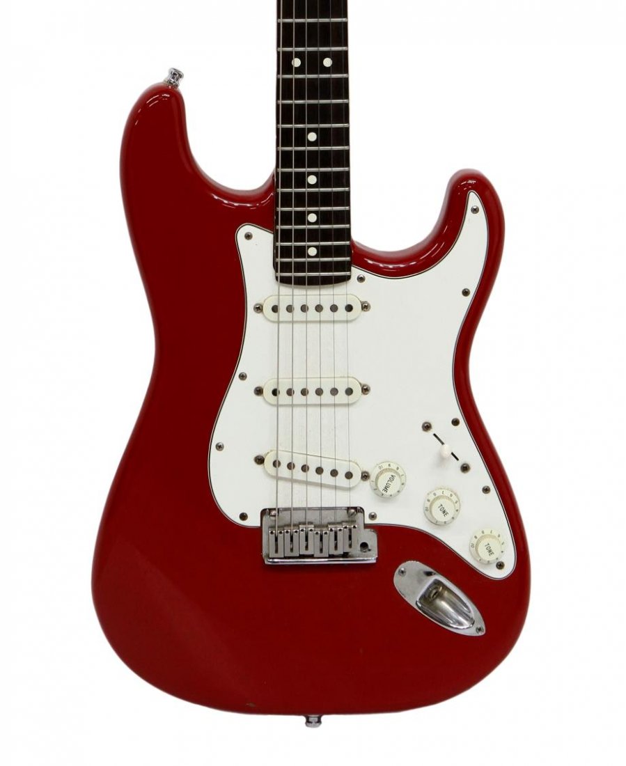 VINTAGE FENDER USA STRATOCSATER GUITAR, 1987: Fender U.S.A. Stratocaster three knob electric guitar, built April 14, 1987, red with white pickguard, SN E421467, Fender USA hard case 5"h, 43"l, 16.5"d *Provenance: Austin musician Bill Thomas (stag