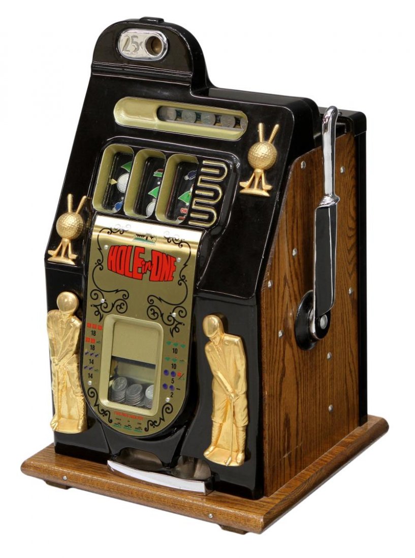 OPERATING MILLS "HOLE IN ONE" 25 CENT SLOT MACHINE: Operating Mills Novelty Company "Hole in One" 25 cent slot machine, appears to have been entirely refinished, 25.75"h, 16"w, 15"d Start Price: $500.00