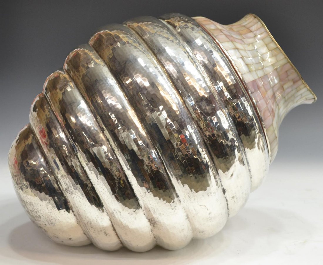 LOS CASTILLOS TAXCO MEXICO SILVERPLATE & MOP VASE: Large hand hammered silver plate vase of bee hive form, Los Castillos, Taxco, Mexico, tilted ribbed body with pink and white mother-of-pearl inlay trim, loss to trim on the underside, minor dents, app