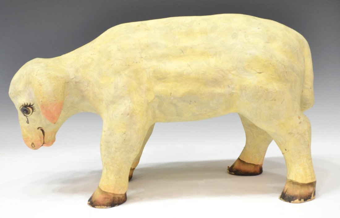 (5) 19TH C. RELIGIOUS FIGURES & PAPER MACHE LAMB: (lot of 5) Antique and vintage items, comprising: (4) carved wood tall slender figures, 19th c., possibly modeled after religious Saints, one with beaded eyes, some loss and remnants of paint, tallest