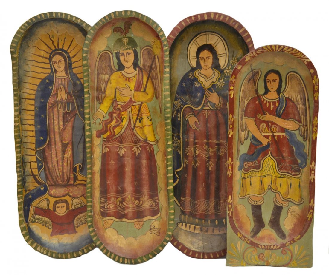 (4) HANDPAINTED RELIGIOUS RETABLO MEXICO: (lot of 4) Religious retablo, Mexico, each the handpainted image of a Saint, including: (1) San Miguel, (1) El Alma de Maria, both signed lower right Jeronimo Fernandez; (1) San Gabriel, signed lower 