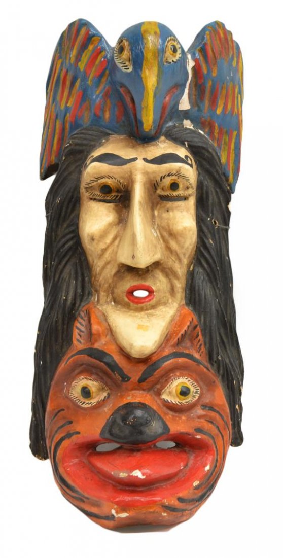 VINTAGE MEXICO CARVED WOOD FOLK MASK: Large vintage carved wood folk mask, State of Guerrero, Mexico, late 20th c., vertical placement of bird, human face and tiger, plaster on wooden base with polychrome finish, slight loss on the nose a