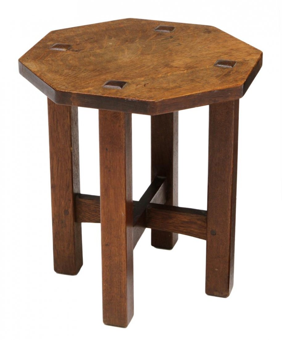 L & JG STICKLEY OCTAGONAL TABOURET, MODEL 558: American Arts & Crafts octagonal top oak table or taboret by L & J.G. Stickley, model 558, raised on four stretcher joined squared legs, maker label at underside, 16.75"h, 16"w, 16"d *Provenance: Esta