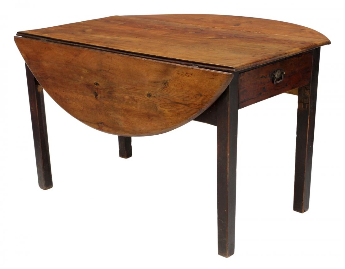 ANTIQUE PINE PAINTED BASE DROP LEAF TABLE: Antique pine table, 19th c., the two board top with drop leaves held by iron strap hinges and raised on iron supports, a faux drawer at one end, rising on the parcel painted base with tapered square l