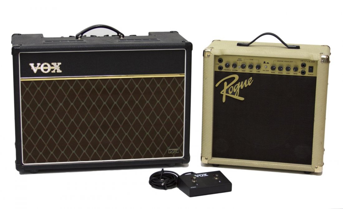(2) VOX AC15VR GUITAR AMP, ROGUE CG30B BASS AMP: (lot of 2) Vox AC15VR guitar amplifier with 12" Celestion speaker with foot switch, 17.5"h, 23.75"h, 10.5"d; (1) Rogue CG30B bass amplifier, 17"h, 16.75"w, 8.75"d *Provenance: Austin musician Bill Tho