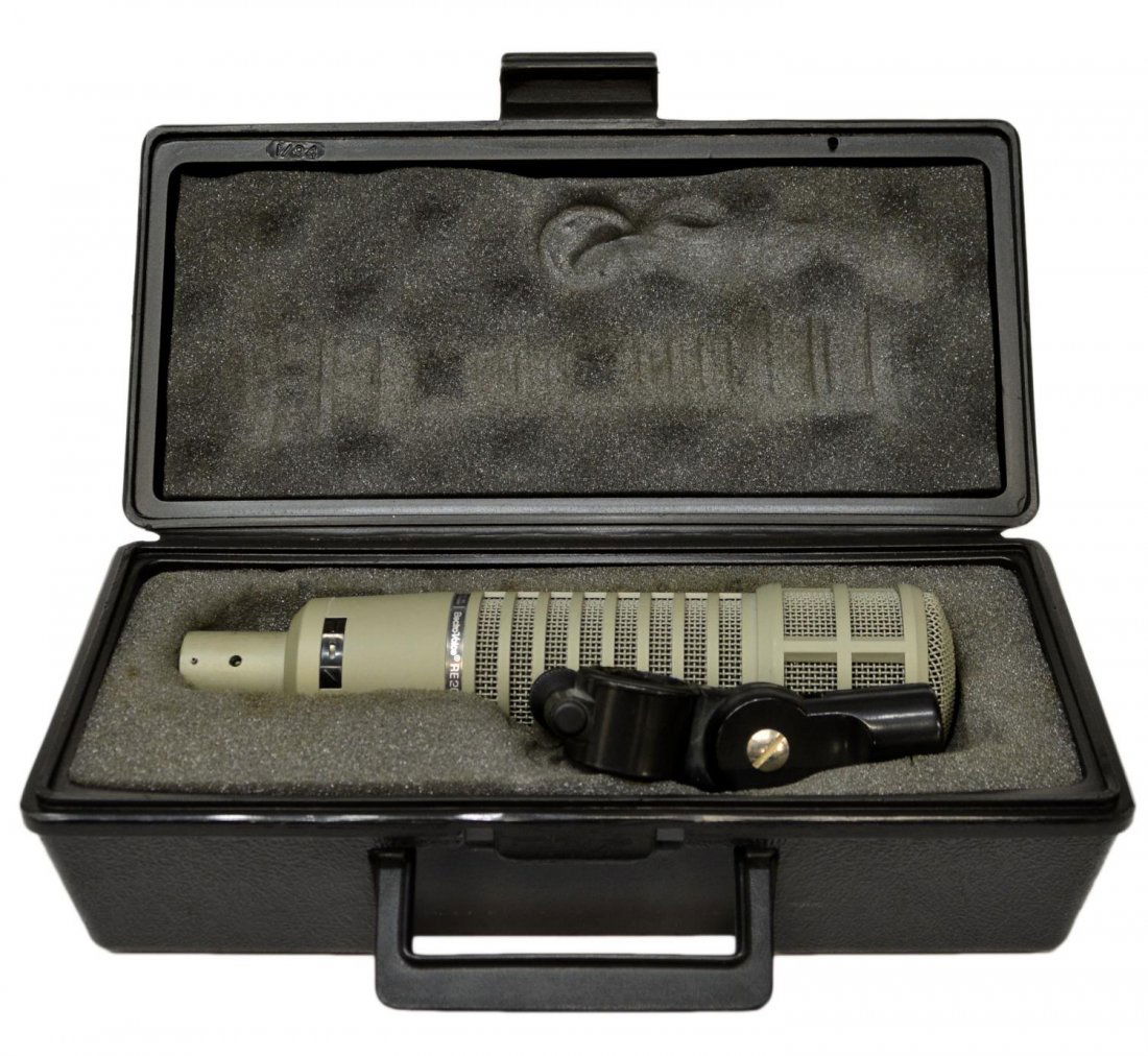 ELECTROVOICE RE20 DYNAMIC MICROPHONE: ElectroVoice RE20 dynamic cardioid microphone, housed in EV hard case, 3.25"h, 11"w, 5.25"d *Provenance: Austin musician Bill Thomas (stage name Bill James), music shop operator, played for bands incl