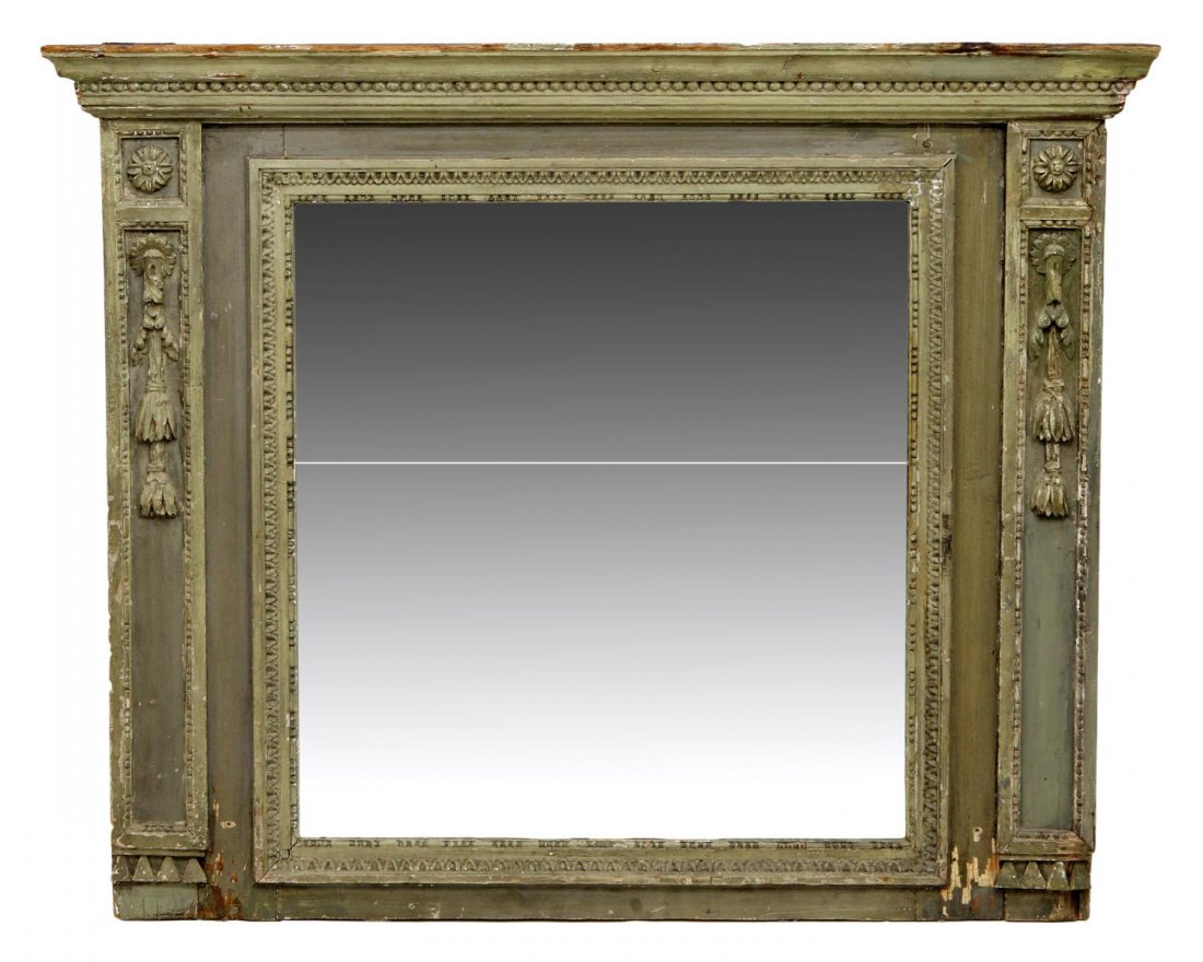 CONTINENTAL PAINTED PINE MIRROR, 18TH C.: Continental pine mirror, likely 18th c., an overhanging cornice over sides with floral heads and draped pendants, rectangular ornamented trim enclosing a sectioned flat plate, much wear, loss to finis