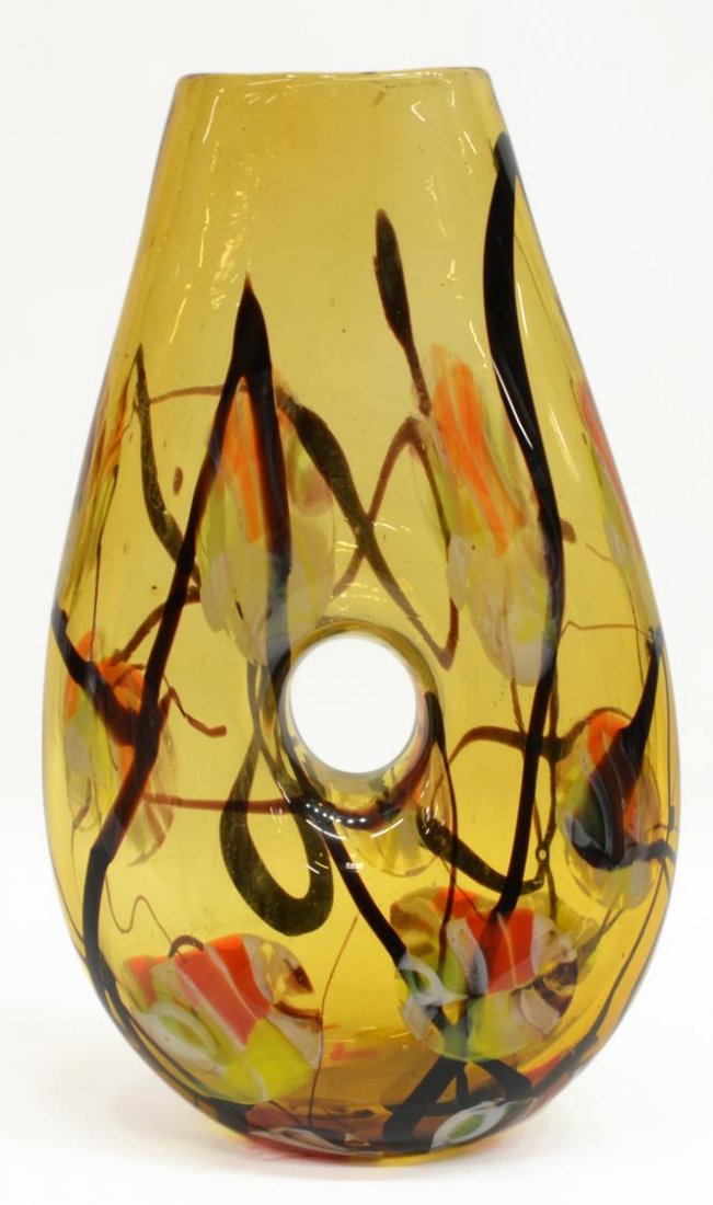 MULTICOLORED CRISTALLERIA MURANO ART GLASS VASE: Multicolored Cristalleria Murano art glass vase, central hole, colors include brown, orange, yellow, red, purple and more, retaining Murano sticker underfoot, 14.75"h, 9"d, 7.5lbs Start Price: $60.00