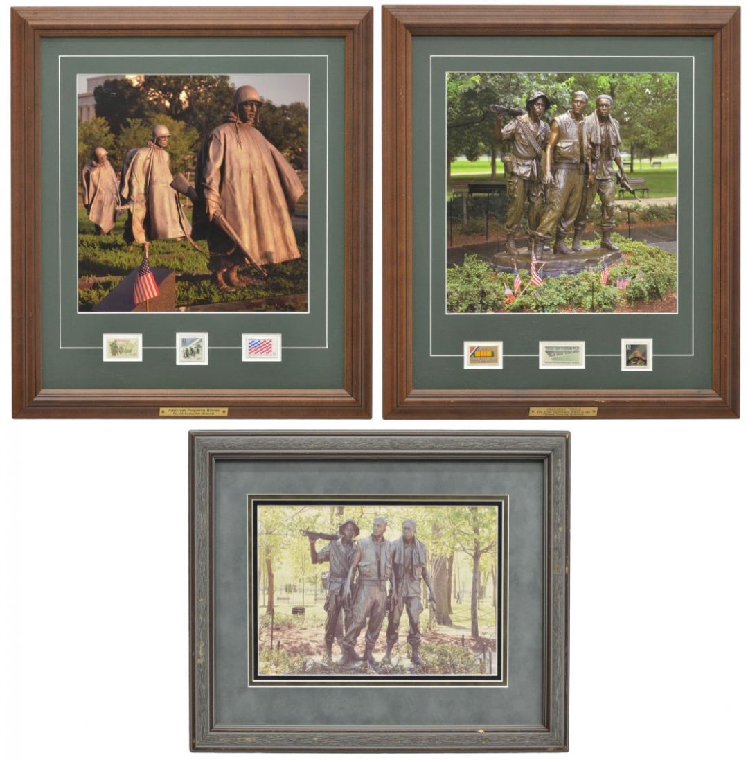 (3) COLLECTION OF MILITARY PRINTS & STAMPS: (lot of 3) Group of framed military prints and stamps, comprising: (1) Korean War Veterans Memorial, "American's Forgotten Heroes", Washington D.C., stamps including (1) 22 cent Veterans Korea, (1) 33