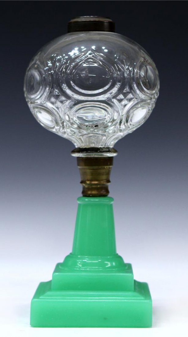 AMERICAN FLINT GLASS & GREEN OPALINE OIL LAMP: American Flint glass oil lamp, in the 'Excelsior' pattern, rising on a green opaline glass base, 11.2"h, 4.25"w, 4.25"d, 2.75lbs *Provenance: Estate of Sam Sitterle (San Antonio, Texas, 1927-2012), on