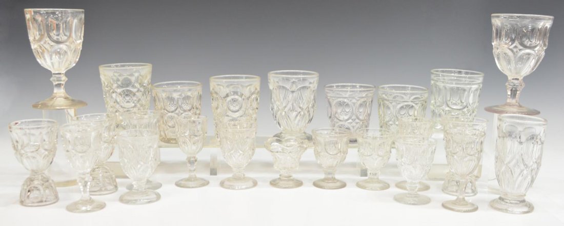 (24) GROUP AMERICAN FLINT GLASS, EXCELSIOR PATTERN: (lot of 24) American flint glass, various patterns, comprising: (3) double egg cup in the 'Excelsior' pattern, 4.5"h; (1) egg cup, 3"h; (6) tumblers, largest 4"h; (1) footed tumbler, 4.5"h; (1) ale gl