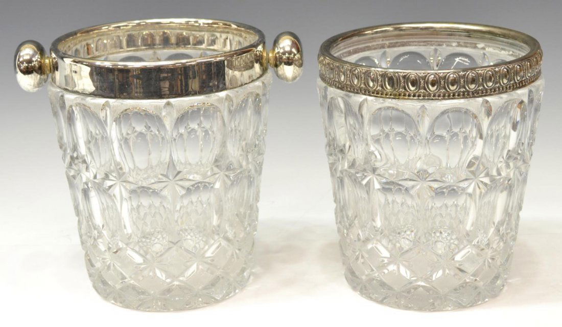 VINTAGE PRESSED GLASS & SILVERPLATE WINE COOLERS: (lot of 2) Vintage pressed glass coolers / ice buckets, each colorless body in the same pattern, similar sizes, mounted with varied silver plate collars, one with knob form handles, largest: 9"h, 10"w