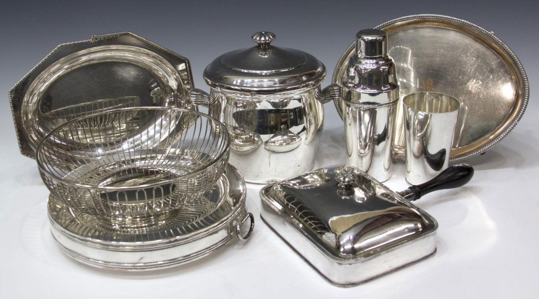 (8) CONTINENTAL & AMERICAN SILVERPLATE ITEMS: (lot of 8) Assortment of Continental and American silver plate table items, including (1) Pairpoint and Co. tumbler, (1) Mappin and Webb martini shaker, (1) WM Rogers ice bucket, (1) unmarked lidded d