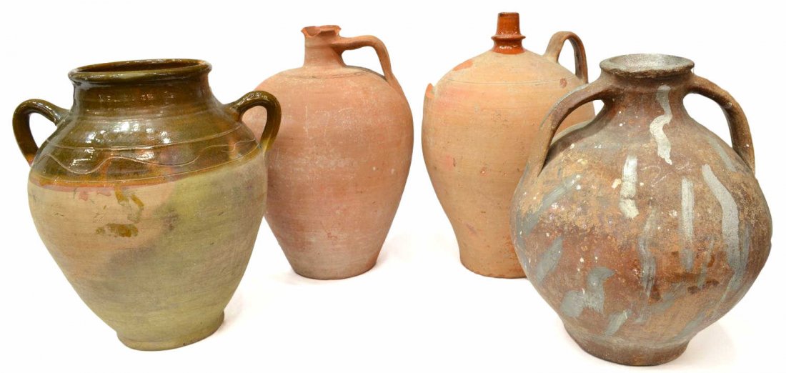 (4) SPAIN OLLAS & CONTINENTAL TERRACOTTA VESSELS: (lot of ) Collection of Continental earthenware vessels, comprising: (2) ollas,Spain, c. early 20th c., each with double handles and decorative designs, one partially glazed with incised detail, large