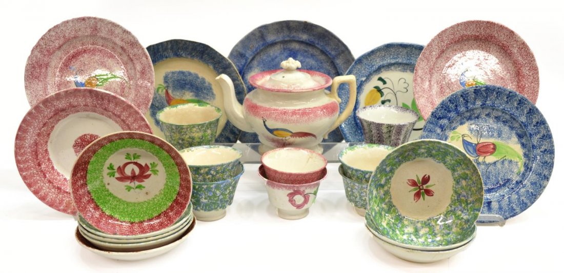 (24) CONTINENTAL SPATTERWARE TEAPOT, CUPS, PLATES: (lot of 24) Assortment of Continental spongeware, 19th c., executed in various colors including blue, red, green and purple, comprising: (1) teapot, intact with restorations, loss to spout, approx 6.2